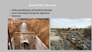 Road/Utility Diversion
• Utility Identification (Charted/Uncharted)
• Cross trenching all along the alignment
• Diversion
 