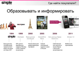 Где найти покупателя?
Образовывать и информировать
Большинство
потребителей
предпочитают
водку или вина
из стран СНГ
50% дипло-
мированных
сомелье Москвы
и 20% сомелье
из регионов
Начало большой
диверсификации
портфеля
Самый
популярный
журнал о вине
в России
Собственная
сеть винотек и
гастро-баров
с большим
ассортиментом
Мобильное
приложение
 
