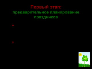 Первый этап:
предварительное планирование
праздников


обозначение календарных
праздников, праздничных дней,
тематических недель;



установление сроков их
проведения на основе русского
народного календаря.

 
