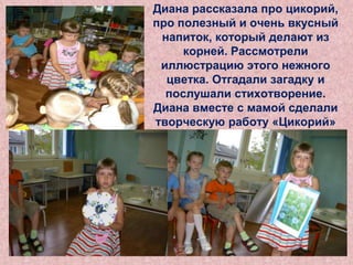 Диана рассказала про цикорий,
про полезный и очень вкусный
напиток, который делают из
корней. Рассмотрели
иллюстрацию этого нежного
цветка. Отгадали загадку и
послушали стихотворение.
Диана вместе с мамой сделали
творческую работу «Цикорий»

 