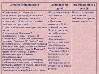 Деятельность педагога
- Совместная с детьми посадка
лекарственных растений( мелиса, мята,
тысячелистник, ромашка, календула
,подорожник) Рассказ детям о лечебных
свойствах этих растений.
Чтение и заучивание поговорок, загадок о
цветах
-Стихи о цветах: Шорыгина Т.

Деятельность
детей

-Продуктивные виды
деятельности:
- Лепка
« Цветочная
полянка», « Мой
любимый цветок»
Лепка из цветного
теста«Цветочные
«Колокольчики и гном», Пришвин М.
медальоны»
«Золотой луг», Сказка «Как поссорились
-Выкладывание
растения» Плешкова, Ж. Санд. «О чем
цветов из камешков.
рассказали цветы», Дмитриев Ю. «Хоровод
-Раскрашивание
лепестков»,«На лугу»; «На лесной поляне»;
«Тропинка полевая», Соколов-Микитов И. цветов в раскрасках
- Рисование «Ваза с
«Цвета леса»; «Легенды о цветах».
цветами», «Цветок,
-Знакомство с Красной книгой
который я
красноярского края.
Целевые прогулки , экскурсии по городу.
придумала»
-Наблюдения за цветущим одуванчиком,
-Изготовление роз из
ромашкой, цветами на клумбе.( сравнение бумаги « Розы своими
цветков, листьев, стеблей.)
руками»
-Срезка цветов для гербария., сбор семян.

Взаимодействие с
семьѐй
Беседа с родителями о
продвижении
собственного проекта,
помочь, подсказать.

 