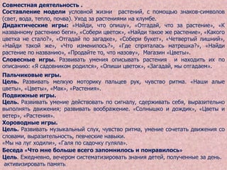 Совместная деятельность .
Составление модели условной жизни растений, с помощью знаков-символов
(свет, вода, тепло, почва). Уход за растениями на клумбе.
Дидактические игры: «Найди, что опишу», «Отгадай, что за растение», «К
названному растению беги», «Собери цветок», «Найди такое же растение», «Какого
цветка не стало?», «Отгадай по загадке», «Собери букет», «Четвертый лишний»,
«Найди такой же», «Что изменилось?», «Где спряталась матрешка?», «Найди
растение по названию», «Продайте то, что назову», Магазин «Цветы».
Словесные игры. Развивать умения описывать растения и находить их по
описанию: «Я садовником родился», «Опиши цветок», «Загадай, мы отгадаем».
Пальчиковые игры.
Цель. Развивать мелкую моторику пальцев рук, чувство ритма. «Наши алые
цветы», «Цветы», «Мак», «Растения».
Подвижные игры.
Цель. Развивать умение действовать по сигналу, сдерживать себя, выразительно
выполнять движения; развивать воображение. «Солнышко и дождик», «Цветы и
ветер», «Растения».
Хороводные игры.
Цель. Развивать музыкальный слух, чувство ритма, умение сочетать движения со
словами, выразительность, певческие навыки.
«Мы на луг ходили», «Галя по садочку гуляла».
Беседа «Что мне больше всего запомнилось и понравилось»
Цель. Ежедневно, вечером систематизировать знания детей, полученные за день.
активизировать память.

 