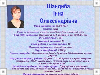 Шандиба
Інна
Олександрівна
Дата народження: 04.09.1964
Освіта: вища
Спец. за дипломом: вчитель англійської та німецької мови
Який ВНЗ закінчила: Ніженський пед. інститут ім. М.В.Гоголя
Рік закінчення: 1986
Загальний пед.стаж : 23
Стаж роботи в даному закладі: 10
Предмет викладання: англійська мова
Курси кваліфікації: 2007 р.
Звання, нагороди: “Вчитель-методист”, Грамота Міністерства освіти
України
Друковані авторські роботи: буклет: ”Огляд програм з комп ’ютерною
підтримкою 2008”; методичка : ”Гострі кути нових тенденцій в
англійській граматиці”
Методична проблема, над якою працює: “Формування креативноіндивідуального стилюпедагогічної діяльності під час проведення уроків
іноземної мови”
Форма завершення: друкована авторська робота

 