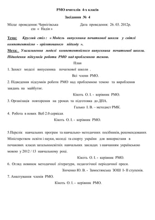 РМО вчителів 4-х класів
Засідання № 4
Місце проведення: Чернігівська Дата проведення: 26. 03. 2012р.
сш « Надія »
Тема: Круглий стіл : « Модель випускника початкової школи у світлі
компетентнісно - орієнтованого підходу ».
Мета: Узагальнення моделі компетентнісного випускника початкової школи.
Підведення підсумків роботи РМО над проблемною темою.
План
1. Захист моделі випускника початкової школи .
Всі члени РМО.
2. Підведення підсумків роботи РМО над проблемною темою та вироблення
завдань на майбутнє.
Кікоть О. І. - керівник РМО.
3. Організація повторення на уроках та підготовка до ДПА.
Галько І. В. – методист РМК.
4. Робота в нових Веб 2.0 сервісах
Кікоть О. І. - керівник РМО.
5.Перелік навчальних програм та навчально- методичних посібників, рекомендованих
Міністерством освіти і науки, молоді та спорту україни для використаня в
почакових класах загальноосвітніх навчальних закладах з навчанням українською
мовою у 2012 / 13 навчальному році.
Кікоть О. І. - керівник РМО.
6. Огляд новинок методичної літератури, педагогічної періодичної преси.
Зінченко Ю. В. - Замостянська ЗОШ І- ІІ ступенів.
7. Анкетування членів РМО.
Кікоть О. І. - керівник РМО.
 