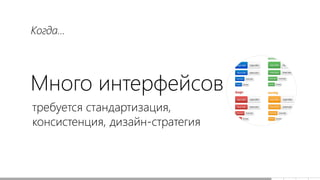 Много интерфейсов
требуется стандартизация,
консистенция, дизайн-стратегия
Когда...
 