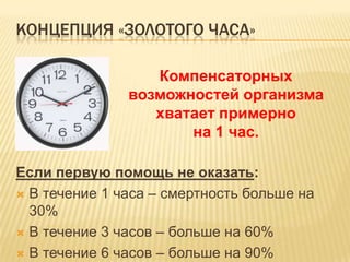 КОНЦЕПЦИЯ «ЗОЛОТОГО ЧАСА»
Если первую помощь не оказать:
 В течение 1 часа – смертность больше на
30%
 В течение 3 часов – больше на 60%
 В течение 6 часов – больше на 90%
Компенсаторных
возможностей организма
хватает примерно
на 1 час.
 