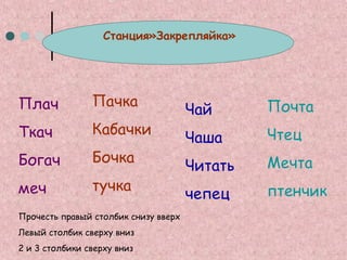 Станция»Закрепляйка»

Плач

Пачка

Ткач

Кабачки

Богач

Бочка

меч

тучка

Прочесть правый столбик снизу вверх
Левый столбик сверху вниз
2 и 3 столбики сверху вниз

Чай

Почта

Чаша

Чтец

Читать

Мечта

чепец

птенчик

 
