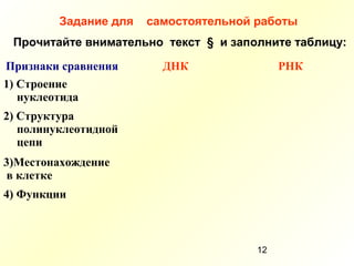 12
Задание для самостоятельной работы
Прочитайте внимательно текст § и заполните таблицу:
Признаки сравнения ДНК РНК
1) Строение
нуклеотида
2) Структура
полинуклеотидной
цепи
3)Местонахождение
в клетке
4) Функции
 