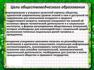 Цели обществоведческого образования
• формированию у учащихся целостной картины общества,
адекватной современному уровню знаний о нем и доступной по
содержанию для школьников младшего и среднего
подросткового возраста; освоению учащимися тех знаний об
основных сферах человеческой деятельности и о социальных
институтах, о формах регулирования общественных отношений,
которые необходимы для взаимодействия с социальной средой и
выполнения типичных социальных ролей человека и
гражданина;
• овладению учащимися умениями получать из разнообразных
источников и критически осмысливать социальную информацию,
систематизировать, анализировать полученные данные;
освоению ими способов познавательной, коммуникативной,
практической деятельности, необходимых для участия в жизни
гражданского общества и правового государства;
 
