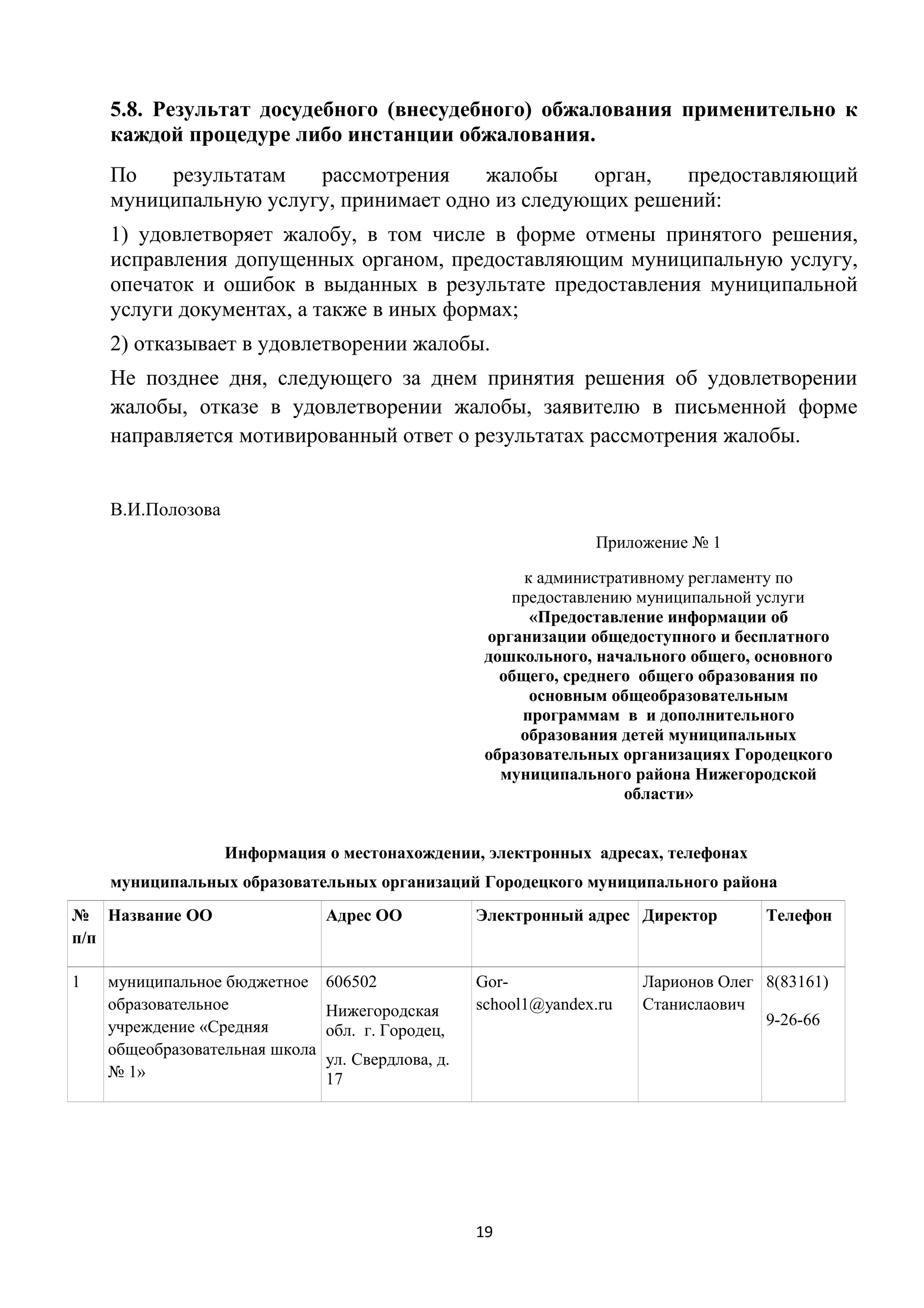 5.8. Результат досудебного (внесудебного) обжалования применительно к
каждой процедуре либо инстанции обжалования.
По
результатам
рассмотрения
жалобы
орган,
предоставляющий
муниципальную услугу, принимает одно из следующих решений:
1) удовлетворяет жалобу, в том числе в форме отмены принятого решения,
исправления допущенных органом, предоставляющим муниципальную услугу,
опечаток и ошибок в выданных в результате предоставления муниципальной
услуги документах, а также в иных формах;
2) отказывает в удовлетворении жалобы.
Не позднее дня, следующего за днем принятия решения об удовлетворении
жалобы, отказе в удовлетворении жалобы, заявителю в письменной форме
направляется мотивированный ответ о результатах рассмотрения жалобы.
В.И.Полозова
Приложение № 1
к административному регламенту по
предоставлению муниципальной услуги
«Предоставление информации об
организации общедоступного и бесплатного
дошкольного, начального общего, основного
общего, среднего общего образования по
основным общеобразовательным
программам в и дополнительного
образования детей муниципальных
образовательных организациях Городецкого
муниципального района Нижегородской
области»
Информация о местонахождении, электронных адресах, телефонах
муниципальных образовательных организаций Городецкого муниципального района
№ Название ОО
п/п

Адрес ОО

Электронный адрес Директор

1

606502

Gorschool1@yandex.ru

муниципальное бюджетное
образовательное
учреждение «Средняя
общеобразовательная школа
№ 1»

Нижегородская
обл. г. Городец,
ул. Свердлова, д.
17

19

Телефон

Ларионов Олег 8(83161)
Станислаович
9-26-66

 