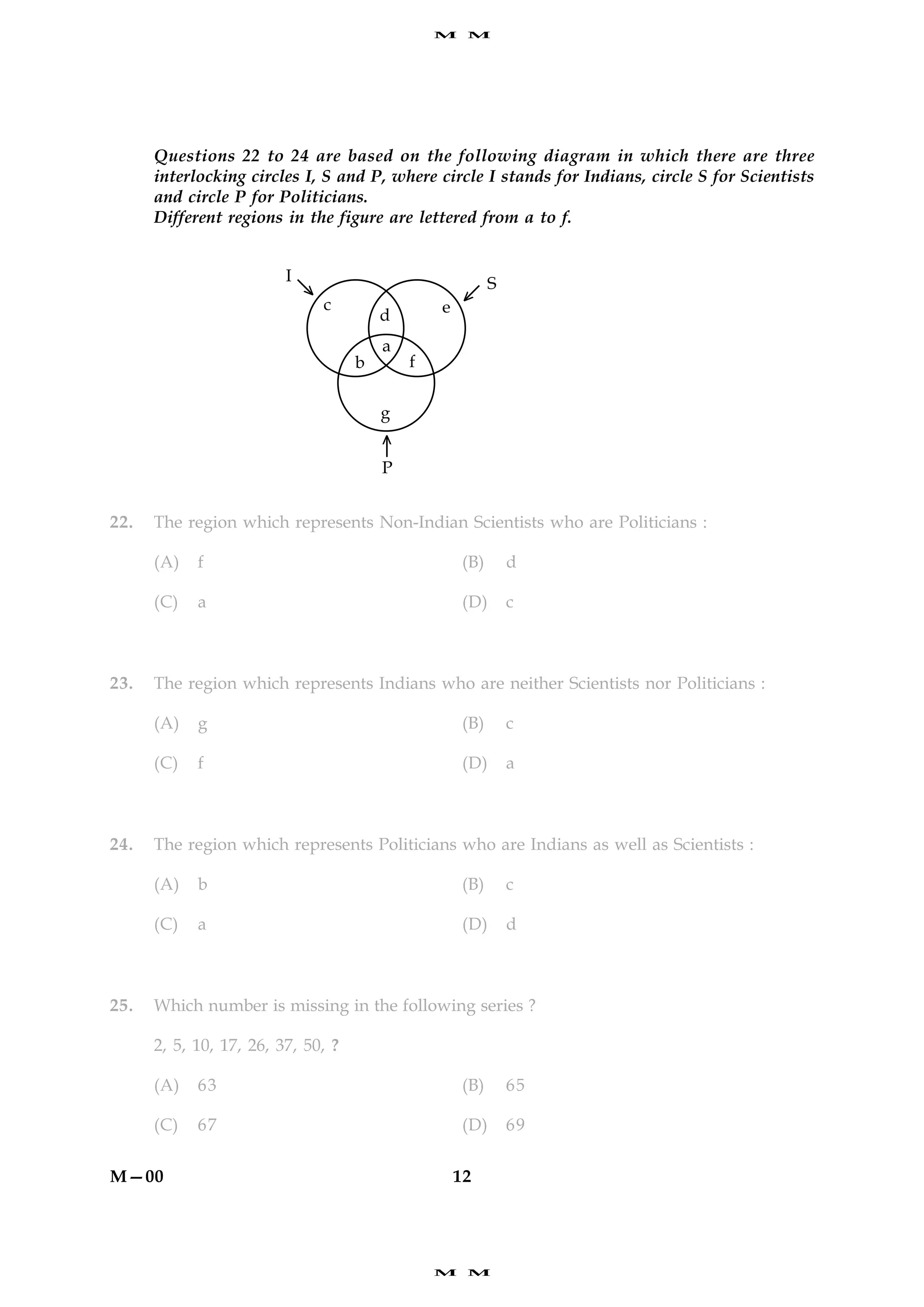 M    M




      Questions 22 to 24 are based on the following diagram in which there are three
      interlocking circles I, S and P, where circle I stands for Indians, circle S for Scientists
      and circle P for Politicians.
      Different regions in the figure are lettered from a to f.




22.   The region which represents Non-Indian Scientists who are Politicians :

      (A)   f                                   (B)   d

      (C)   a                                   (D)   c



23.   The region which represents Indians who are neither Scientists nor Politicians :

      (A)   g                                   (B)   c

      (C)   f                                   (D)   a



24.   The region which represents Politicians who are Indians as well as Scientists :

      (A)   b                                   (B)   c

      (C)   a                                   (D)   d



25.   Which number is missing in the following series ?

      2, 5, 10, 17, 26, 37, 50, ?

      (A)   63                                  (B)   65

      (C)   67                                  (D)   69


M—00                                           12




                                            M    M
 