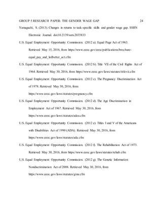 GROUP 5 RESEARCH PAPER: THE GENDER WAGE GAP 24
Yamaguchi, S. (2013). Changes in returns to task-specific skills and gender wage gap. SSRN
Electronic Journal. doi:10.2139/ssrn.2035833
U.S. Equal Employment Opportunity Commission. (2012 a). Equal Page Act of 1963.
Retrieved May 15, 2016, from https://www.eeoc.gov/eeoc/publications/brochure-
equal_pay_and_ledbetter_act.cfm
U.S. Equal Employment Opportunity Commission. (2012 b). Title VII of the Civil Rights Act of
1964. Retrieved May 30, 2016, from https://www.eeoc.gov/laws/statutes/titlevii.cfm
U.S. Equal Employment Opportunity Commission. (2012 c). The Pregnancy Discrimination Act
of 1978. Retrieved May 30, 2016, from
https://www.eeoc.gov/laws/statutes/pregnancy.cfm
U.S. Equal Employment Opportunity Commission. (2012 d). The Age Discrimination in
Employment Act of 1967. Retrieved May 30, 2016, from
https://www.eeoc.gov/laws/statutes/adea.cfm
U.S. Equal Employment Opportunity Commission. (2012 e). Titles I and V of the Americans
with Disabilities Act of 1990 (ADA). Retrieved May 30, 2016, from
https://www.eeoc.gov/laws/statutes/ada.cfm
U.S. Equal Employment Opportunity Commission. (2012 f). The Rehabilitation Act of 1973.
Retrieved May 30, 2016, from https://www.eeoc.gov/laws/statutes/rehab.cfm
U.S. Equal Employment Opportunity Commission. (2012 g). The Genetic Information
Nondiscrimination Act of 2008. Retrieved May 30, 2016, from
https://www.eeoc.gov/laws/statutes/gina.cfm
 