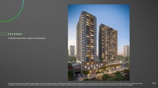 Perspectiva artística da fachada. Imagem meramente ilustrativa. Os itens de mobília, decoração e acabamento serão entregues conforme memorial descritivo. A locação de elementos estruturais pode variar de acordo com exigências técnicas. A vegetação que compõe
o paisagismo retratado nessa imagem é meramente ilustrativa e apresenta porte adulto de referência. Na entrega do empreendimento essa vegetação poderá apresentar diferenças de tamanho e porte, mas estará de acordo com o projeto paisagístico.
Fachada imponente, moderna e atemporal.
F A C H A D A
26
 