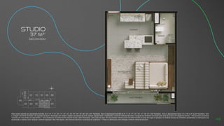 Planta studio referente aos apartamento final 05C, do 4º, 6º, 7º, 8º, 10º, 11º, 12º, 14º, 15º, 16º, 18º, 19º, 20º, 22º e 23º Pavimento, Torre C; Apartamento final 06C do 5º, 7º, 9º, 11º, 13º, 15º, 17º, 19º, 21º e 23º Pavimento, Torre C; Apartamentos finais 11C e 12C do 4º ao 23º Pavimento, Torre
C. Imagem meramente ilustrativa com sugestão de layout e decoração com móveis e objetos não fazendo parte do contrato. Equipamentos e acabamentos conforme memorial descritivo. A locação dos elementos estruturais pode variar de acordo com exigências técnicas. *Área privativa aproximada
composta por área privativa do apartamento + área privativa do escaninho/armário (quando houver). Mais informações, vide quadro de áreas. Na área privativa indicada acima não estão incluídas as áreas das vagas de garagem. As medidas internas dos ambientes apresentadas na planta acima são
aproximadas e poderão sofrer variações conforme legislação. Mais informações, vide memorial descritivo e convenção de condomínio. **Todos os diferenciais serão entregues conforme memorial descritivo.
decorado
Studio
37 m2*
N
L
O
S
01C
08C
02C 03C 04C 05C 06C 07C
09C
10C
11C
12C
ELEV.
SERV.
ELEV.
SOCIAL
ELEV.
SOCIAL
ESCADA
HALL SOCIAL
43
 