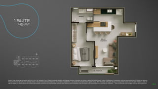 Planta 01 suíte referente ao apartamento final 01C do 4º ao 22º Pavimento, Torre C Imagem meramente ilustrativa com sugestão de layout e decoração com móveis e objetos não fazendo parte do contrato. Equipamentos e acabamentos conforme memorial descritivo. A locação dos elementos
estruturais pode variar de acordo com exigências técnicas. *Área privativa aproximada composta por área privativa do apartamento + área privativa do escaninho/armário (quando houver). Mais informações, vide quadro de áreas. Na área privativa indicada acima não estão incluídas as áreas das
vagas de garagem. As medidas internas dos ambientes apresentadas na planta acima são aproximadas e poderão sofrer variações conforme legislação. Mais informações, vide memorial descritivo e convenção de condomínio. **Todos os diferenciais serão entregues conforme memorial descritivo.
1 SUÍTE
45 m2*
N
L
O
S
01C
08C
02C 03C 04C 05C 06C 07C
09C
10C
11C
12C
ELEV.
SERV.
ELEV.
SOCIAL
ELEV.
SOCIAL
ESCADA
HALL SOCIAL
44
 