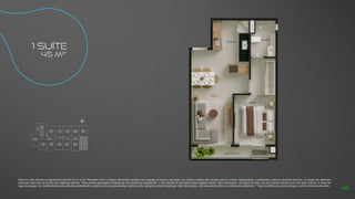 Planta 01 suíte referente ao apartamento final 07C do 4º ao 22º Pavimento, Torre C Imagem meramente ilustrativa com sugestão de layout e decoração com móveis e objetos não fazendo parte do contrato. Equipamentos e acabamentos conforme memorial descritivo. A locação dos elementos
estruturais pode variar de acordo com exigências técnicas. *Área privativa aproximada composta por área privativa do apartamento + área privativa do escaninho/armário (quando houver). Mais informações, vide quadro de áreas. Na área privativa indicada acima não estão incluídas as áreas das
vagas de garagem. As medidas internas dos ambientes apresentadas na planta acima são aproximadas e poderão sofrer variações conforme legislação. Mais informações, vide memorial descritivo e convenção de condomínio. **Todos os diferenciais serão entregues conforme memorial descritivo.
1 SUÍTE
45 m2*
N
L
O
S
01C
08C
02C 03C 04C 05C 06C 07C
09C
10C
11C
12C
ELEV.
SERV.
ELEV.
SOCIAL
ELEV.
SOCIAL
ESCADA
HALL SOCIAL
45
 