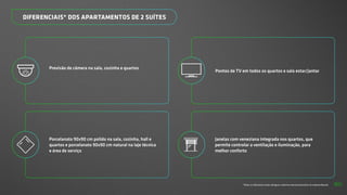 *Todos os diferenciais serão entregues conforme memorial descritivo do empreendimento.
Previsão de câmera na sala, cozinha e quartos
Porcelanato 90x90 cm polido na sala, cozinha, hall e
quartos e porcelanato 90x90 cm natural na laje técnica
e área de serviço
Janelas com veneziana integrada nos quartos, que
permite controlar a ventilação e iluminação, para
melhor conforto
Pontos de TV em todos os quartos e sala estar/jantar
DIFERENCIAIS* DOS APARTAMENTOS DE 2 SUÍTES
50
 
