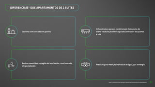 *Todos os diferenciais serão entregues conforme memorial descritivo do empreendimento.
Cozinha com bancada em granito
Banhos revestidos na região do box/banho, com bancada
em porcelanato
Infraestrutura para ar-condicionado (tubulação de
dreno e tubulação elétrica guiada) em todos os quartos
e sala
Previsão para medição individual de água, gás e energia
DIFERENCIAIS* DOS APARTAMENTOS DE 2 SUÍTES
51
 