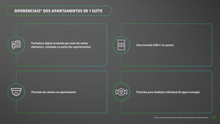 *Todos os diferenciais serão entregues conforme memorial descritivo do empreendimento.
Fechadura digital acionada por meio de senha
eletrônica, instalada na porta dos apartamentos
Uma tomada USB-C no quarto
Previsão de câmera no apartamento
DIFERENCIAIS* DOS APARTAMENTOS DE 1 SUÍTE
Previsão para medição individual de água e energia
53
 