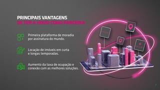 PRINCIPAIS VANTAGENS
DE TER A HOUSI COMO PARCEIRA
Primeira plataforma de moradia
por assinatura do mundo.
Locação de imóveis em curta
e longas temporadas.
Aumento da taxa de ocupação e
conexão com as melhores soluções.
7
 