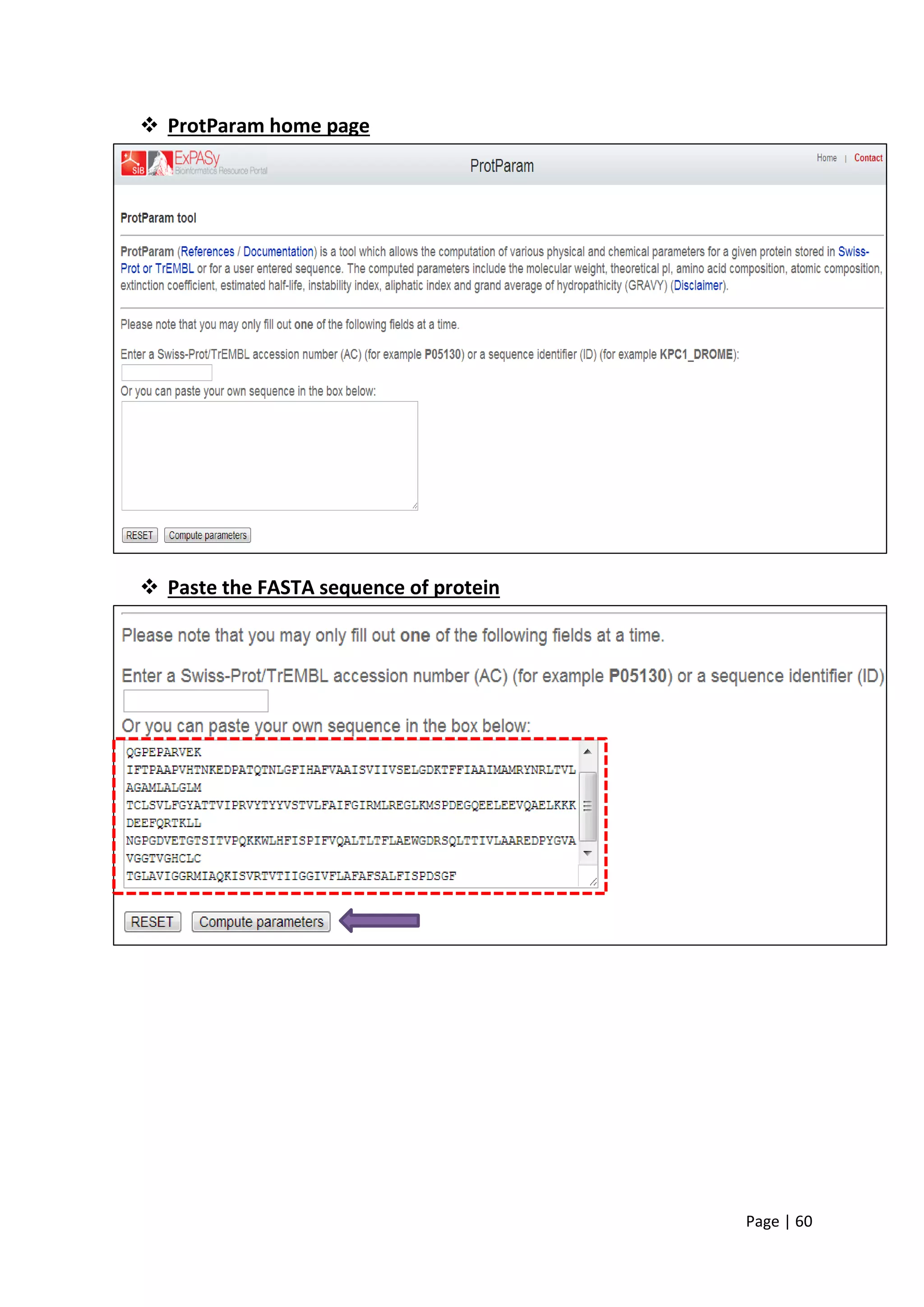 Page | 60
 ProtParam home page
 Paste the FASTA sequence of protein
 