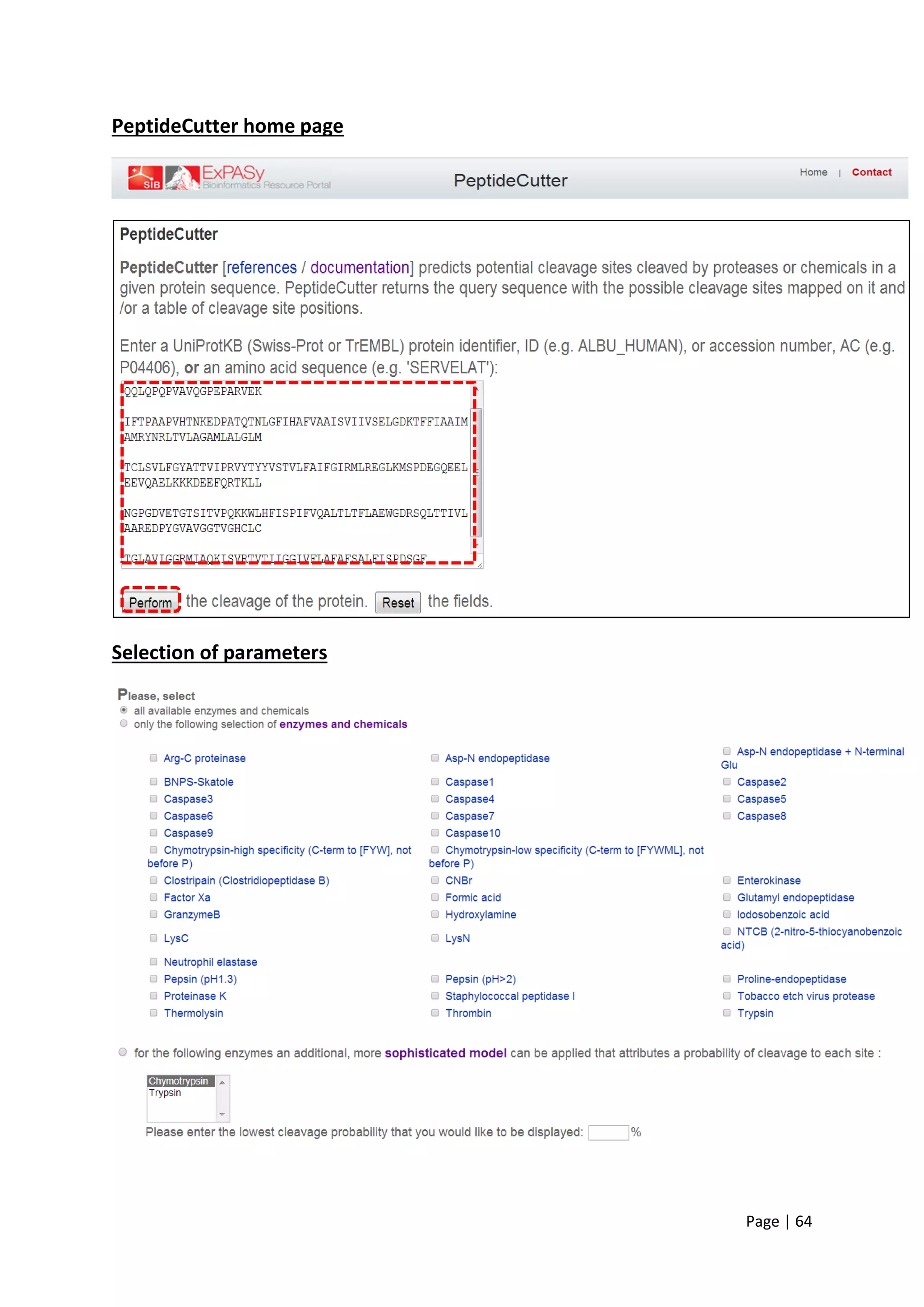 Page | 64
PeptideCutter home page
Selection of parameters
 