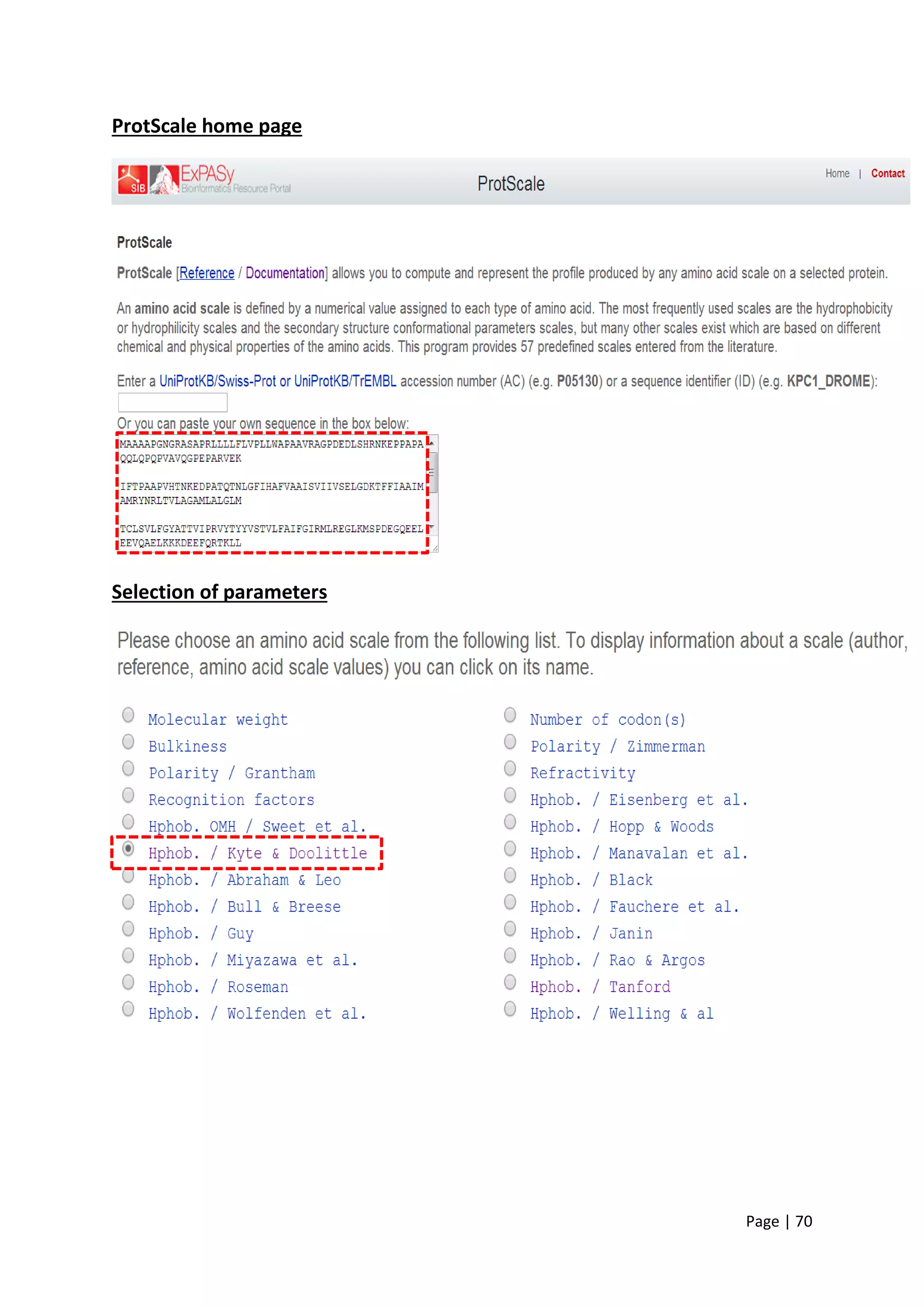 Page | 70
ProtScale home page
Selection of parameters
 