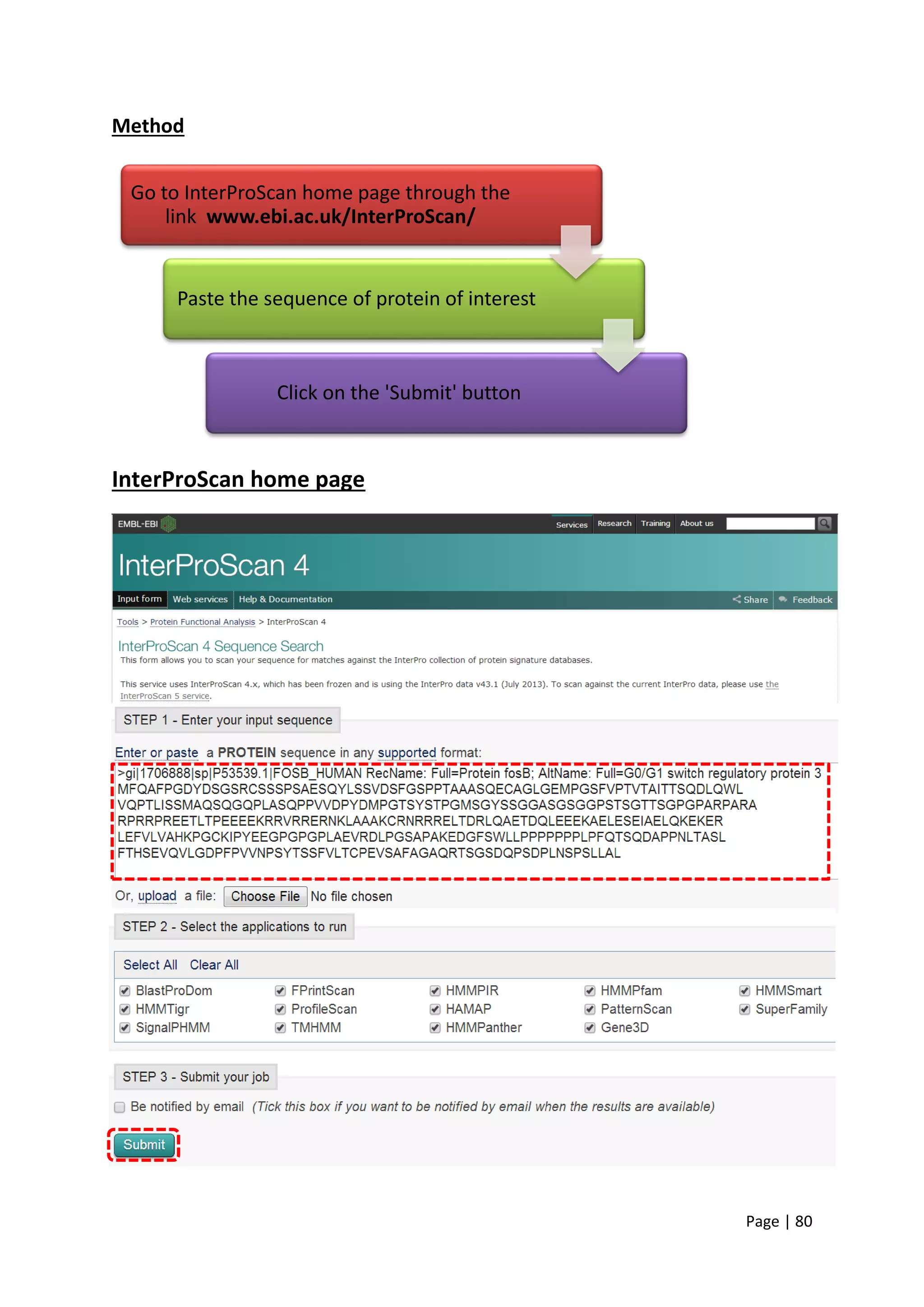 Page | 80
Method
InterProScan home page
Go to InterProScan home page through the
link www.ebi.ac.uk/InterProScan/
Paste the sequence of protein of interest
Click on the 'Submit' button
 
