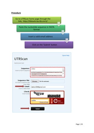 Page | 23
Procedure
Go to UTRScan home page through the
link, http://itbtools.ba.itb.cnr.it/
Paste the nucleotide sequence in FASTA
format
Insert a valid email address
Click on the 'Submit' button
 