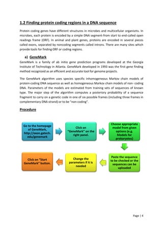 Page | 4
1.2 Finding protein coding regions in a DNA sequence
Protein coding genes have different structures in microbes and multicellular organisms. In
microbes, each protein is encoded by a simple DNA segment-from start to end-called open
readings frame (ORF). In animal and plant genes, proteins are encoded in several pieces
called exons, separated by noncoding segments called introns. There are many sites which
provide tools for finding ORF or coding regions.
a) GeneMark
GeneMark is a family of ab initio gene prediction programs developed at the Georgia
Institute of Technology in Atlanta. GeneMark developed in 1993 was the first gene finding
method recognized as an efficient and accurate tool for genome projects.
The GeneMark algorithm uses species specific inhomogeneous Markov chain models of
protein-coding DNA sequence as well as homogeneous Markov chain models of non- coding
DNA. Parameters of the models are estimated from training sets of sequences of known
type. The major step of the algorithm computes a posteriory probability of a sequence
fragment to carry on a genetic code in one of six possible frames (including three frames in
complementary DNA strand) or to be "non-coding".
Procedure
Go to the homepage
of GeneMark,
http://exon.gatech.
edu/genemark
Click on
“GeneMark” on the
right panel.
Choose appropriate
model from given
options (e.g.
Models for
prokaryotes)
Paste the sequence
to be checked or the
sequences can be
uploaded
Change the
parameters if it is
needed
Click on “Start
GeneMark” button.
 