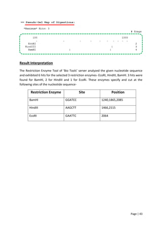 Page | 43
Result Interpretation
The Restriction Enzyme Tool of ‘Bio Tools’ server analyzed the given nucleotide sequence
and exhibited 6 hits for the selected 3 restriction enzymes- EcoRI, HindIII, BamHI. 3 hits were
found for BamHI, 2 for HindIII and 1 for EcoRI. These enzymes specify and cut at the
following sites of the nucleotide sequence-
Restriction Enzyme Site Position
BamHI GGATCC 1240,1865,2085
HindIII AAGCTT 1466,2115
EcoRI GAATTC 2064
 