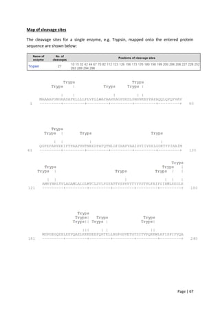 Page | 67
Map of cleavage sites
The cleavage sites for a single enzyme, e.g. Trypsin, mapped onto the entered protein
sequence are shown below:
 