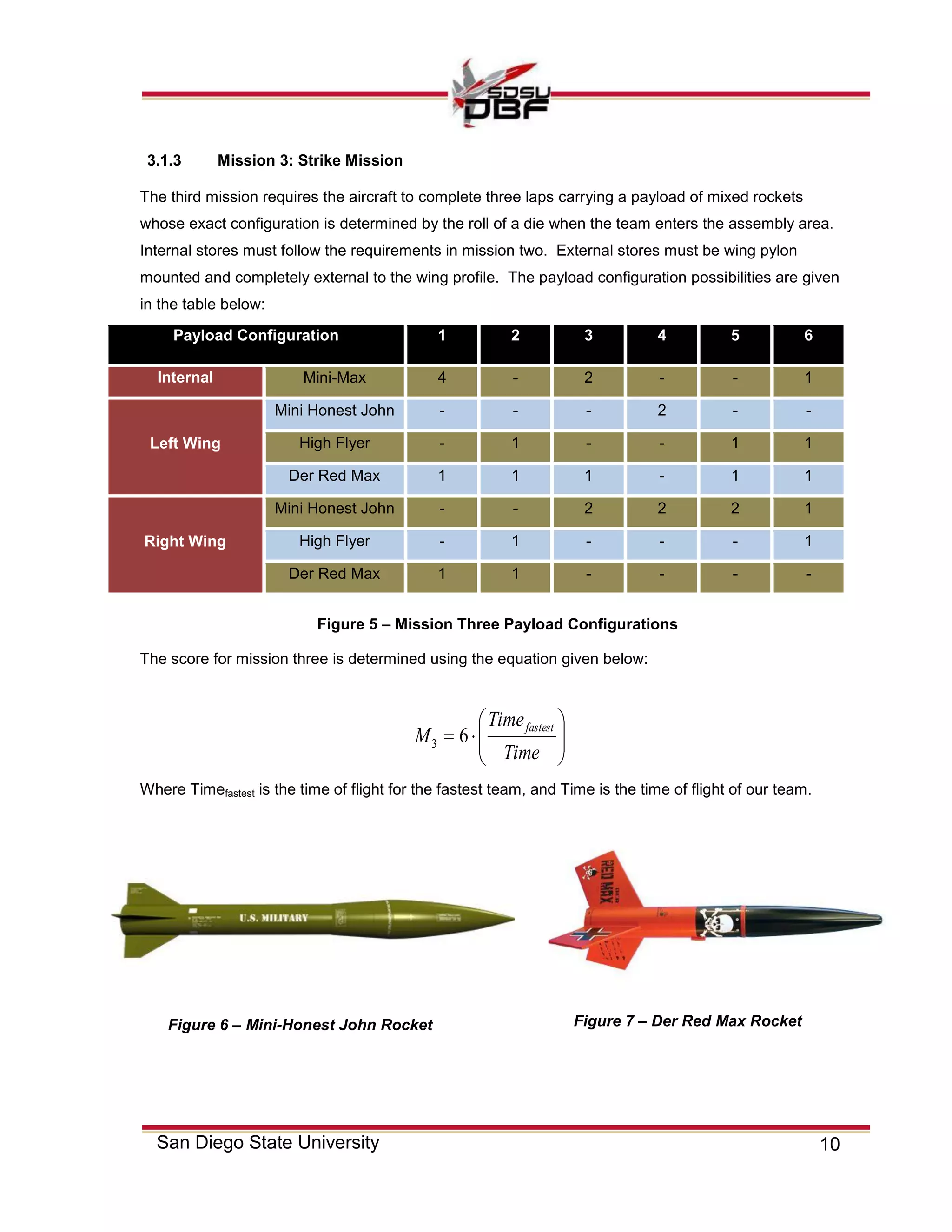 10San Diego State University
3.1.3 Mission 3: Strike Mission
The third mission requires the aircraft to complete three laps carrying a payload of mixed rockets
whose exact configuration is determined by the roll of a die when the team enters the assembly area.
Internal stores must follow the requirements in mission two. External stores must be wing pylon
mounted and completely external to the wing profile. The payload configuration possibilities are given
in the table below:
Payload Configuration 1 2 3 4 5 6
Internal Mini-Max 4 - 2 - - 1
Left Wing
Mini Honest John - - - 2 - -
High Flyer - 1 - - 1 1
Der Red Max 1 1 1 - 1 1
Right Wing
Mini Honest John - - 2 2 2 1
High Flyer - 1 - - - 1
Der Red Max 1 1 - - - -
The score for mission three is determined using the equation given below:







Time
Time
M
fastest
63
Where Timefastest is the time of flight for the fastest team, and Time is the time of flight of our team.
Figure 6 – Mini-Honest John Rocket Figure 7 – Der Red Max Rocket
Figure 5 – Mission Three Payload Configurations
 