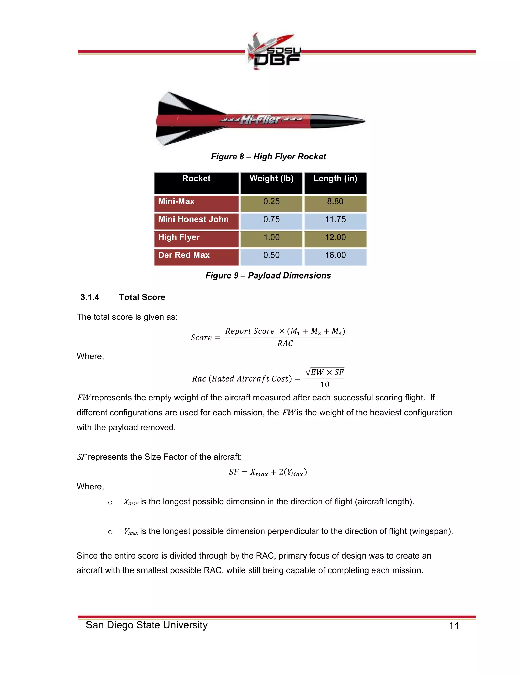 11San Diego State University
Rocket Weight (lb) Length (in)
Mini-Max 0.25 8.80
Mini Honest John 0.75 11.75
High Flyer 1.00 12.00
Der Red Max 0.50 16.00
3.1.4 Total Score
The total score is given as:
Where,
√
EW represents the empty weight of the aircraft measured after each successful scoring flight. If
different configurations are used for each mission, the EW is the weight of the heaviest configuration
with the payload removed.
SF represents the Size Factor of the aircraft:
Where,
o Xmax is the longest possible dimension in the direction of flight (aircraft length).
o Ymax is the longest possible dimension perpendicular to the direction of flight (wingspan).
Since the entire score is divided through by the RAC, primary focus of design was to create an
aircraft with the smallest possible RAC, while still being capable of completing each mission.
Figure 8 – High Flyer Rocket
Figure 9 – Payload Dimensions
 
