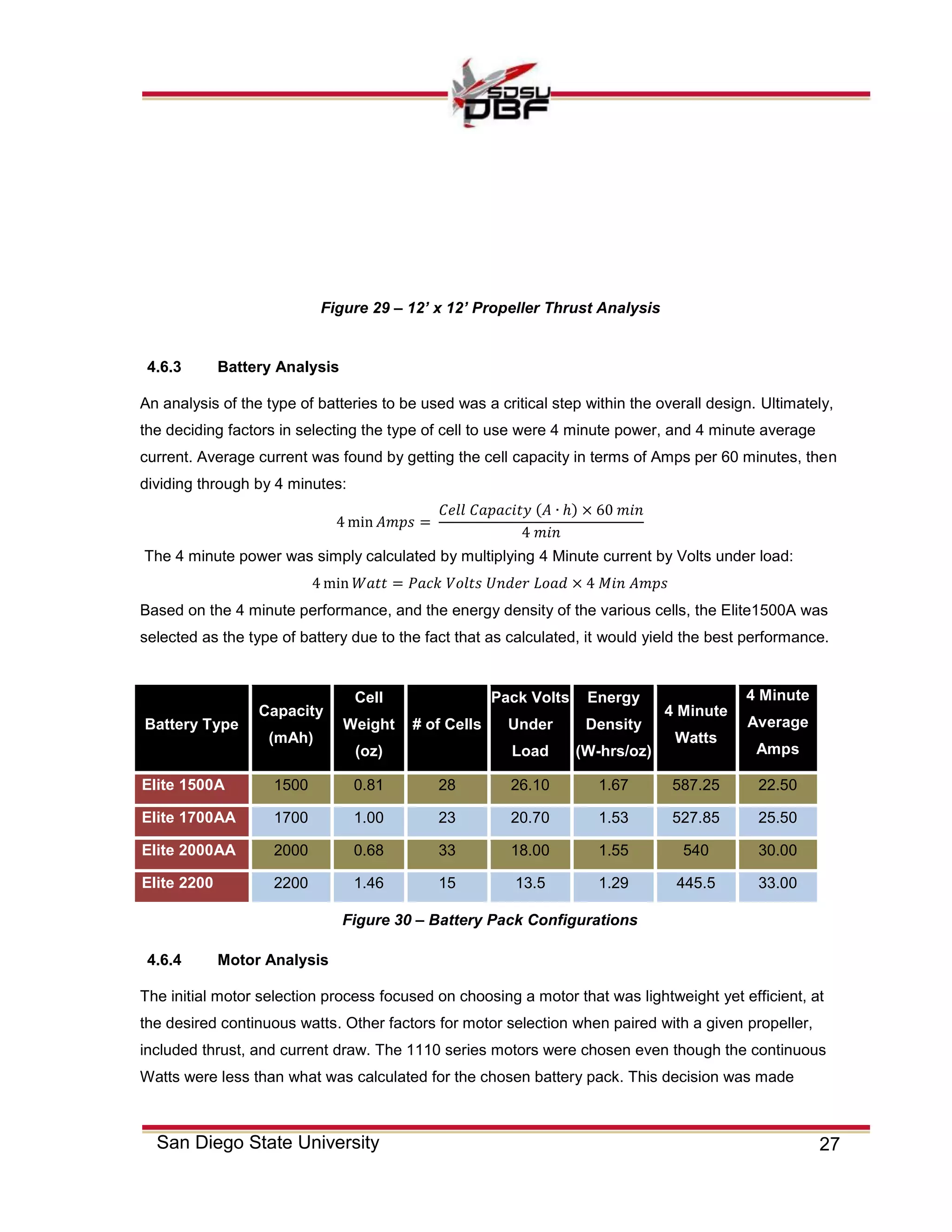27San Diego State University
4.6.3 Battery Analysis
An analysis of the type of batteries to be used was a critical step within the overall design. Ultimately,
the deciding factors in selecting the type of cell to use were 4 minute power, and 4 minute average
current. Average current was found by getting the cell capacity in terms of Amps per 60 minutes, then
dividing through by 4 minutes:
The 4 minute power was simply calculated by multiplying 4 Minute current by Volts under load:
Based on the 4 minute performance, and the energy density of the various cells, the Elite1500A was
selected as the type of battery due to the fact that as calculated, it would yield the best performance.
Battery Type
Capacity
(mAh)
Cell
Weight
(oz)
# of Cells
Pack Volts
Under
Load
Energy
Density
(W-hrs/oz)
4 Minute
Watts
4 Minute
Average
Amps
Elite 1500A 1500 0.81 28 26.10 1.67 587.25 22.50
Elite 1700AA 1700 1.00 23 20.70 1.53 527.85 25.50
Elite 2000AA 2000 0.68 33 18.00 1.55 540 30.00
Elite 2200 2200 1.46 15 13.5 1.29 445.5 33.00
4.6.4 Motor Analysis
The initial motor selection process focused on choosing a motor that was lightweight yet efficient, at
the desired continuous watts. Other factors for motor selection when paired with a given propeller,
included thrust, and current draw. The 1110 series motors were chosen even though the continuous
Watts were less than what was calculated for the chosen battery pack. This decision was made
Figure 29 – 12’ x 12’ Propeller Thrust Analysis
Figure 30 – Battery Pack Configurations
 