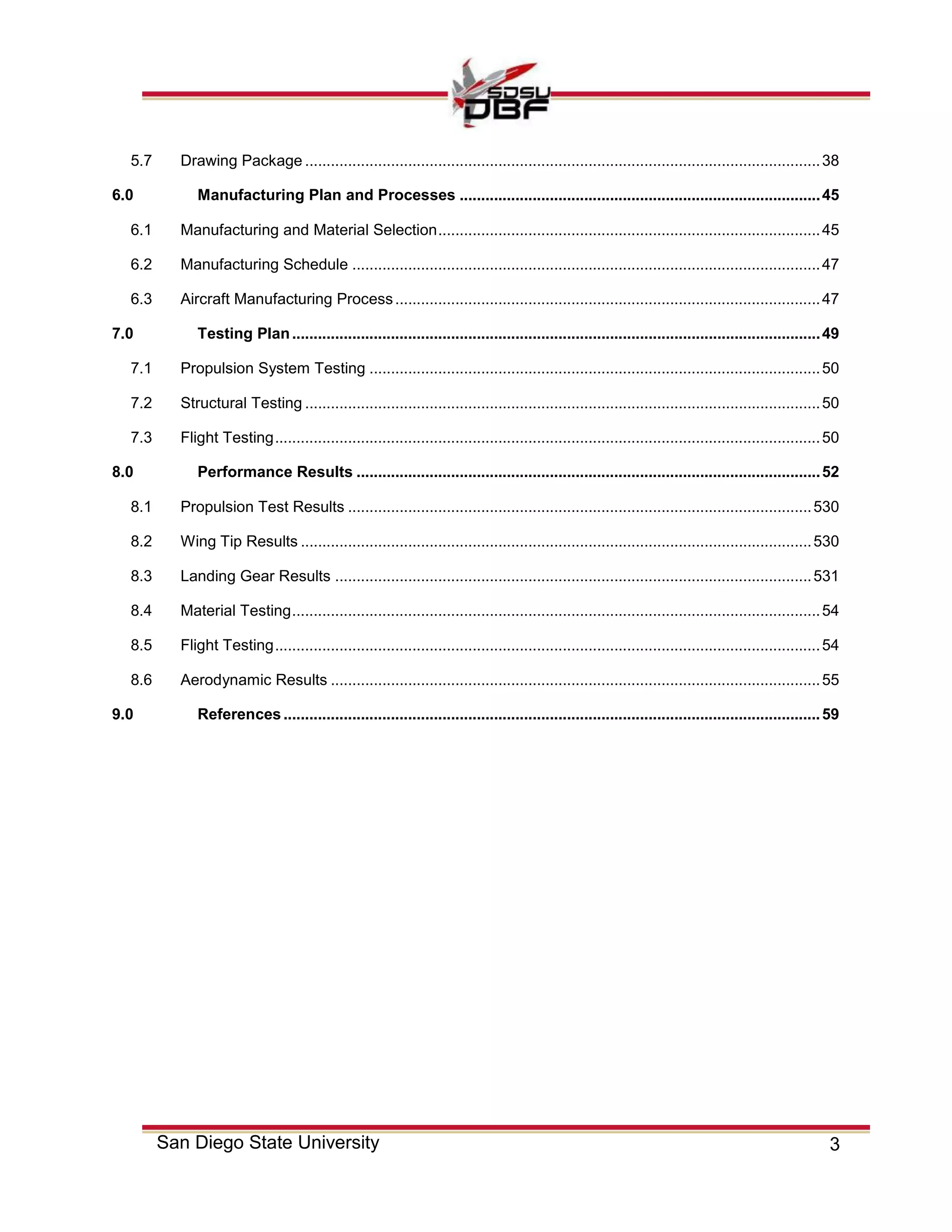 3San Diego State University
5.7 Drawing Package ........................................................................................................................38
6.0 Manufacturing Plan and Processes ....................................................................................45
6.1 Manufacturing and Material Selection.........................................................................................45
6.2 Manufacturing Schedule .............................................................................................................47
6.3 Aircraft Manufacturing Process...................................................................................................47
7.0 Testing Plan...........................................................................................................................49
7.1 Propulsion System Testing .........................................................................................................50
7.2 Structural Testing ........................................................................................................................50
7.3 Flight Testing...............................................................................................................................50
8.0 Performance Results ............................................................................................................52
8.1 Propulsion Test Results ............................................................................................................530
8.2 Wing Tip Results .......................................................................................................................530
8.3 Landing Gear Results ...............................................................................................................531
8.4 Material Testing...........................................................................................................................54
8.5 Flight Testing...............................................................................................................................54
8.6 Aerodynamic Results ..................................................................................................................55
9.0 References.............................................................................................................................59
 