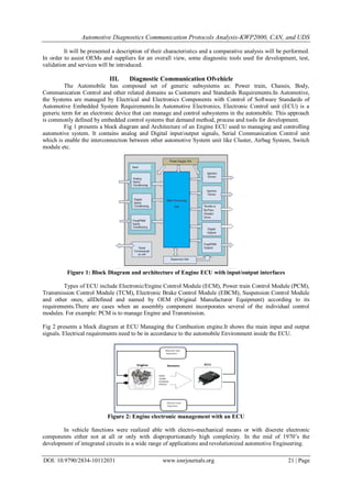 Automotive Diagnostics Communication Protocols Analysis-KWP2000, CAN, and UDS
DOI: 10.9790/2834-10112031 www.iosrjournals.org 21 | Page
It will be presented a description of their characteristics and a comparative analysis will be performed.
In order to assist OEMs and suppliers for an overall view, some diagnostic tools used for development, test,
validation and services will be introduced.
III. Diagnostic Communication Ofvehicle
The Automobile has composed set of generic subsystems as: Power train, Chassis, Body,
Communication Control and other related domains as Customers and Standards Requirements.In Automotive,
the Systems are managed by Electrical and Electronics Components with Control of Software Standards of
Automotive Embedded System Requirements.In Automotive Electronics, Electronic Control unit (ECU) is a
generic term for an electronic device that can manage and control subsystems in the automobile. This approach
is commonly defined by embedded control systems that demand method, process and tools for development.
Fig 1 presents a block diagram and Architecture of an Engine ECU used to managing and controlling
automotive system. It contains analog and Digital input/output signals, Serial Communication Control unit
which is enable the interconnection between other automotive System unit like Cluster, Airbag System, Switch
module etc.
Figure 1: Block Diagram and architecture of Engine ECU with input/output interfaces
Types of ECU include Electronic/Engine Control Module (ECM), Power train Control Module (PCM),
Transmission Control Module (TCM), Electronic Brake Control Module (EBCM), Suspension Control Module
and other ones, allDefined and named by OEM (Original Manufacturer Equipment) according to its
requirements.There are cases when an assembly component incorporates several of the individual control
modules. For example: PCM is to manage Engine and Transmission.
Fig 2 presents a block diagram at ECU Managing the Combustion engine.It shows the main input and output
signals. Electrical requirements need to be in accordance to the automobile Environment inside the ECU.
Figure 2: Engine electronic management with an ECU
In vehicle functions were realized able with electro-mechanical means or with discrete electronic
components either not at all or only with disproportionately high complexity. In the mid of 1970’s the
development of integrated circuits in a wide range of applications and revolutionized automotive Engineering.
 