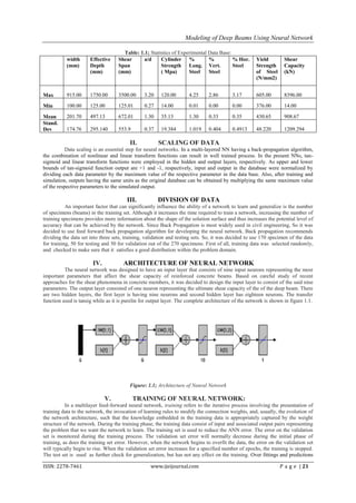 Modeling of Deep Beams Using Neural Network

                                      Table: 1.1; Statistics of Experimental Data Base:
           width      Effective     Shear      a/d     Cylinder %            %          % Hor.       Yield         Shear
           (mm)       Depth         Span               Strength Long. Vert.             Steel        Strength      Capacity
                      (mm)          (mm)               ( Mpa)       Steel    Steel                   of Steel      (kN)
                                                                                                     (N/mm2)


Max        915.00     1750.00       3500.00     3.20    120.00       4.25      2.86       3.17       605.00        8396.00

Min        100.00     125.00        125.01      0.27    14.00        0.01      0.00       0.00       376.00        14.00

Mean       201.70     497.13        672.01      1.30    35.13        1.30      0.33       0.35       430.65        908.67
Stand.
Dev        174.76     295.140       553.9       0.37    19.384       1.019     0.404      0.4913     48.220        1209.294

                                         II.           SCALING OF DATA
           Data scaling is an essential step for neural networks. In a multi-layered NN having a back-propagation algorithm,
the combination of nonlinear and linear transform functions can result in well trained process. In the present NNs, tan-
sigmoid and linear transform functions were employed in the hidden and output layers, respectively. As upper and lower
bounds of tan-sigmoid function output are +1 and -1, respectively, input and output in the database were normalized by
dividing each data parameter by the maximum value of the respective parameter in the data base. Also, after training and
simulation, outputs having the same units as the original database can be obtained by multiplying the same maximum value
of the respective parameters to the simulated output.

                                        III.           DIVISION OF DATA
           An important factor that can significantly influence the ability of a network to learn and generalize is the number
of specimens (beams) in the training set. Although it increases the time required to train a network, increasing the number of
training specimens provides more information about the shape of the solution surface and thus increases the potential level of
accuracy that can be achieved by the network. Since Back Propagation is most widely used in civil engineering, So it was
decided to use feed forward back propagation algorithm for developing the neural network. Back propagation recommends
dividing the data set into three sets, training, validation and testing sets. So, it was decided to use 170 specimen of the data
for training, 50 for testing and 50 for validation out of the 270 specimens. First of all, training data was selected randomly,
and checked to make sure that it satisfies a good distribution within the problem domain.

                       IV.            ARCHITECTURE OF NEURAL NETWORK
          The neural network was designed to have an input layer that consists of nine input neurons representing the most
important parameters that affect the shear capacity of reinforced concrete beams. Based on careful study of recent
approaches for the shear phenomena in concrete members, it was decided to design the input layer to consist of the said nine
parameters. The output layer consisted of one neuron representing the ultimate shear capacity of the of the deep beam. There
are two hidden layers, the first layer is having nine neurons and second hidden layer has eighteen neurons. The transfer
function used is tansig while as it is purelin for output layer. The complete architecture of the network is shown in figure 1.1.




                                         Figure: 1.1; Architecture of Neural Network

                             V.             TRAINING OF NEURAL NETWORK:
           In a multilayer feed-forward neural network, training refers to the iterative process involving the presentation of
training data to the network, the invocation of learning rules to modify the connection weights, and, usually, the evolution of
the network architecture, such that the knowledge embedded in the training data is appropriately captured by the weight
structure of the network. During the training phase, the training data consist of input and associated output pairs representing
the problem that we want the network to learn. The training set is used to reduce the ANN error. The error on the validation
set is monitored during the training process. The validation set error will normally decrease during the initial phase of
training, as does the training set error. However, when the network begins to overfit the data, the error on the validation set
will typically begin to rise. When the validation set error increases for a specified number of epochs, the training is stopped.
The test set is used as further check for generalization, but has not any effect on the training. Over fittings and predictions

ISSN: 2278-7461                                    www.ijeijournal.com                                           P a g e | 21
 