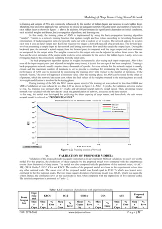 Modeling of Deep Beams Using Neural Network

in training and outputs of NNs are commonly influenced by the number of hidden layers and neurons in each hidden layer.
Therefore, trial and error approach was carried out to choose an adequate number of hidden layers and number of neurons in
each hidden layer as shown in figure 1.1 above. In addition, NN performance is significantly dependent on initial conditions,
such as initial weights and biases, back-propagation algorithms, and learning rate.
           In this study, the training phase of ANN is implemented by using the back-propagation learning algorithm
“trainlm”. Trainlm is a network training function that updates weight and bias values according to Levenberg-Marquardt
optimization. A backpropagation network typically starts out with a random set of weights. The network adjusts its weights
each time it sees an input–output pair. Each pair requires two stages: a forward pass and a backward pass. The forward pass
involves presenting a sample input to the network and letting activations flow until they reach the output layer. During the
backward pass, the network’s actual output (from the forward pass) is compared with the target output and error estimates
are computed for the output units. The weights connected to the output units can be adjusted to reduce those errors. We can
then use the error estimates of the output units to derive error estimates for the units in the hidden layers. Lastly, errors are
propagated back to the connections stemming from the input units.
           The back-propagation algorithm updates its weights incrementally, after seeing each input–output pair. After it has
seen all the input–output pairs (and adjusted its weights many times), it is said that one epoch has been completed. Training a
back-propagation network usually requires many thousands of epochs. An error criteria for the network output is usually
chosen and the maximum number of iterations is set to provide a condition for terminating the learning process. The
performance of ANN can be monitored by monitoring the training error with respect to the number of iterations. If the
network “learns,” the error will approach a minimum value. After the training phase, the ANN can be tested for the other set
of patterns, which the network has never seen, where the final values of the weights obtained in the training phase are used.
No weight modification is involved in the testing phase.
           During training of the NN, the MSE (mean square error) of the training set was reduced to less than 0.0004 and
MSE of validation set was reduced to less than 0.02 as shown in figure 1.2. After 15 epochs, the validation set error started
to rise. So, training was stopped after 15 epochs and developed neural network model saved. Then, developed neural
network was validated with the new data to check the generalization of network, discussed in the next section.
In this way, the model was developed for predicting the shear capacity of deep beams, and henceforth, the said neural
network model is referred as “PROPOSED MODEL”.
                                       Performance is 6.56791e-005, Goal is 1e-006
                1
              10
                                                                                                 Goa l
                0
              10                                                                                 Te st
                                                                                                 Va lida tion

                -1                                                                               Tra ining
              10


                -2
              10


                -3
        MSE




              10


                -4
              10


                -5
              10


                -6
              10


                -7
              10
                     0                           5                               10                              15
                                                            E p o c h s


                                           Figure: 1.2; Training session of Network

                            VI.          VALIDATION OF PROPOSED MODEL:
           Validation of the proposed model is equally important as its development. Without validation, we can’t rely on the
model. For this purpose, the predictions of shear capacity by the proposed model were compared with the experimental
results (from literature) of sixty beams. The model was also compared with the predictions of five national codes, viz ACI-
318, CIRIA Guide-2, EC-2, CSA and KBCS. The results of the proposed model are closer to the experimental values than
any other national code. The mean error of the proposed model was found equal to 17.41 % which was lowest error,
compared to the five national codes. The root mean square deviation of proposed model was 326.21, which was again the
lowest. Hence, the confidence level of the said model is best, when compared with the expressions of five national codes.
The detailed comparison is presented in Table 1.2.



                                Table: 1.2; Comparison of predictions with experimental results
              Expe
                                                                                                                        Proposed
              rime         KBCS              EC-2               CIRIA                 CSA                ACI
 Beam                                                                                                                    Model
              ntal
Designa
              Shea       Shea    %      Shea               Shear       %       Shea                Shea      %        Shea       %
  tion                                            %                                       %
                r         r     Erro     r                 Capac      Erro      r                   r       Erro       r        Erro
                                                 Error                                   Error
              Capa       Capa    r      Capa                ity        r       Capa                Capa      r        Capa       r

ISSN: 2278-7461                                      www.ijeijournal.com                                         P a g e | 22
 