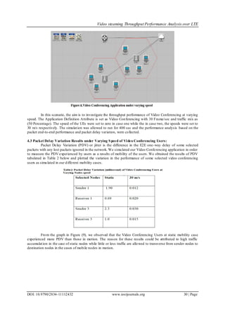 Video steaming Throughput Performance Analysis over LTE
DOI: 10.9790/2834-11112432 www.iosrjournals.org 30 | Page
In this scenario, the aim is to investigate the throughput performance of Video Conferencing at varying
speed. The Application Definition Attribute is set as Video Conferencing with 30 Frame/sec and traffic mix as
(50 Percentage). The speed of the UEs were set to zero in case one while the in case two, the speeds were set to
30 m/s respectively. The simulation was allowed to run for 400 sec and the performance analysis based on the
packet end-to-end performance and packet delay variation, were collected.
4.3 Packet Delay Variation Results under Varying Speed of Video Conferencing Users:
Packet Delay Variation (PDV) or jitter is the difference in the E2E one-way delay of some selected
packets with any lost packets ignored in the network. We simulated our Video Conferencing application in order
to measure the PDV experienced by users as a results of mobility of the users. We obtained the results of PDV
tabulated in Table 2 below and plotted the variation in the performance of some selected video conferencing
users as simulated in our different mobility cases.
From the graph in Figure (9), we observed that the Video Conferencing Users at static mobility case
experienced more PDV than those in motion. The reason for these results could be attributed to high traffic
accumulation in the case of static nodes while little or less traffic are allowed to transverse from sender nodes to
destination nodes in the cases of mobile nodes in motion.
 