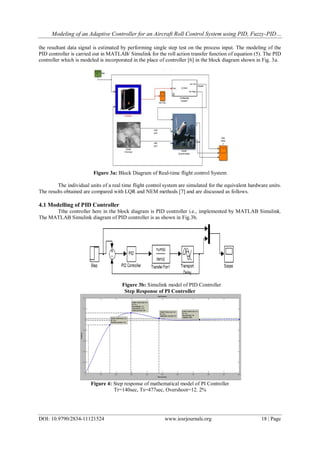 Modeling of an Adaptive Controller for an Aircraft Roll Control System using PID, Fuzzy-PID…
DOI: 10.9790/2834-11121524 www.iosrjournals.org 18 | Page
the resultant data signal is estimated by performing single step test on the process input. The modeling of the
PID controller is carried out in MATLAB/ Simulink for the roll action transfer function of equation (5). The PID
controller which is modeled is incorporated in the place of controller [6] in the block diagram shown in Fig. 3a.
Figure 3a: Block Diagram of Real-time flight control System
The individual units of a real time flight control system are simulated for the equivalent hardware units.
The results obtained are compared with LQR and NEM methods [7] and are discussed as follows.
4.1 Modelling of PID Controller
Tthe controller here in the block diagram is PID controller i.e., implemented by MATLAB Simulink.
The MATLAB Simulink diagram of PID controller is as shown in Fig.3b.
Figure 3b: Simulink model of PID Controller
Step Response of PI Controller
Figure 4: Step response of mathematical model of PI Controller
Tr=140sec, Ts=477sec, Overshoot=12. 2%
 