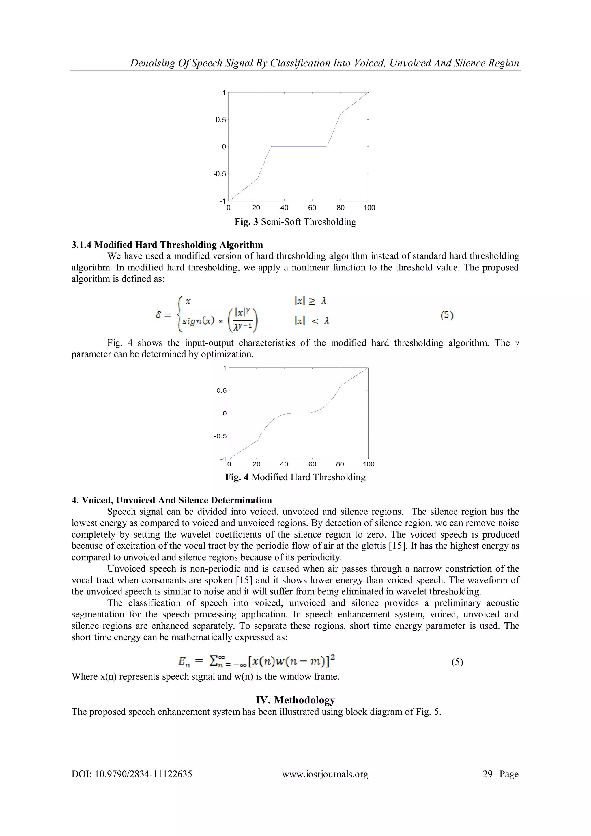 Denoising Of Speech Signal By Classification Into Voiced, Unvoiced And Silence Region
DOI: 10.9790/2834-11122635 www.iosrjournals.org 29 | Page
0 20 40 60 80 100
-1
-0.5
0
0.5
1
Fig. 3 Semi-Soft Thresholding
3.1.4 Modified Hard Thresholding Algorithm
We have used a modified version of hard thresholding algorithm instead of standard hard thresholding
algorithm. In modified hard thresholding, we apply a nonlinear function to the threshold value. The proposed
algorithm is defined as:
Fig. 4 shows the input-output characteristics of the modified hard thresholding algorithm. The γ
parameter can be determined by optimization.
0 20 40 60 80 100
-1
-0.5
0
0.5
1
Fig. 4 Modified Hard Thresholding
4. Voiced, Unvoiced And Silence Determination
Speech signal can be divided into voiced, unvoiced and silence regions. The silence region has the
lowest energy as compared to voiced and unvoiced regions. By detection of silence region, we can remove noise
completely by setting the wavelet coefficients of the silence region to zero. The voiced speech is produced
because of excitation of the vocal tract by the periodic flow of air at the glottis [15]. It has the highest energy as
compared to unvoiced and silence regions because of its periodicity.
Unvoiced speech is non-periodic and is caused when air passes through a narrow constriction of the
vocal tract when consonants are spoken [15] and it shows lower energy than voiced speech. The waveform of
the unvoiced speech is similar to noise and it will suffer from being eliminated in wavelet thresholding.
The classification of speech into voiced, unvoiced and silence provides a preliminary acoustic
segmentation for the speech processing application. In speech enhancement system, voiced, unvoiced and
silence regions are enhanced separately. To separate these regions, short time energy parameter is used. The
short time energy can be mathematically expressed as:
(5)
Where x(n) represents speech signal and w(n) is the window frame.
IV. Methodology
The proposed speech enhancement system has been illustrated using block diagram of Fig. 5.
 