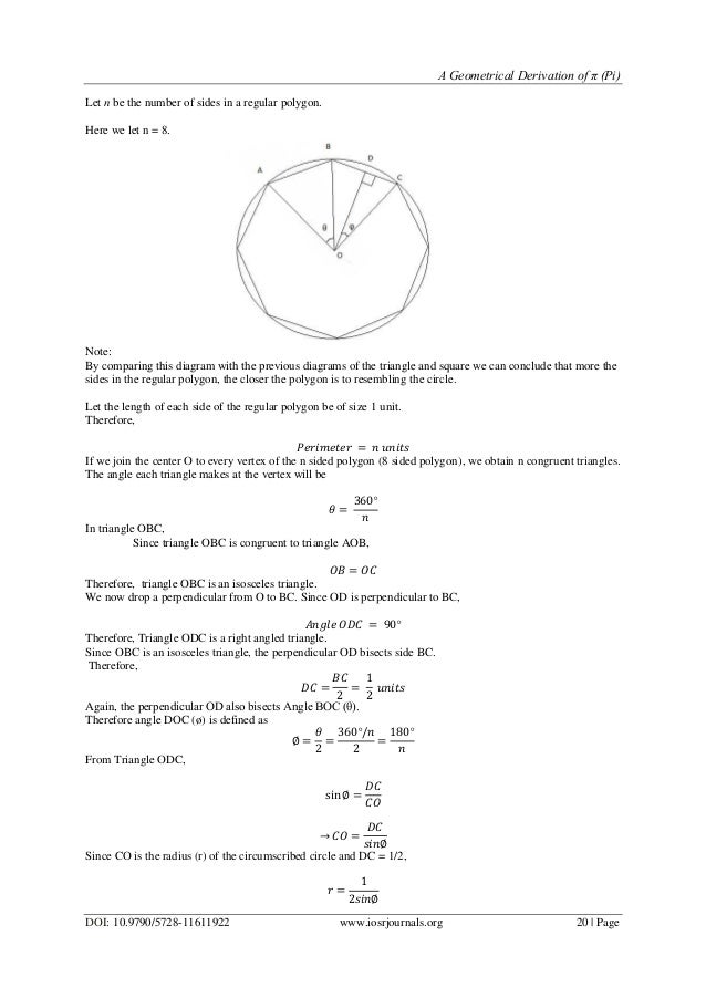 A Geometrical Derivation of π (Pi)