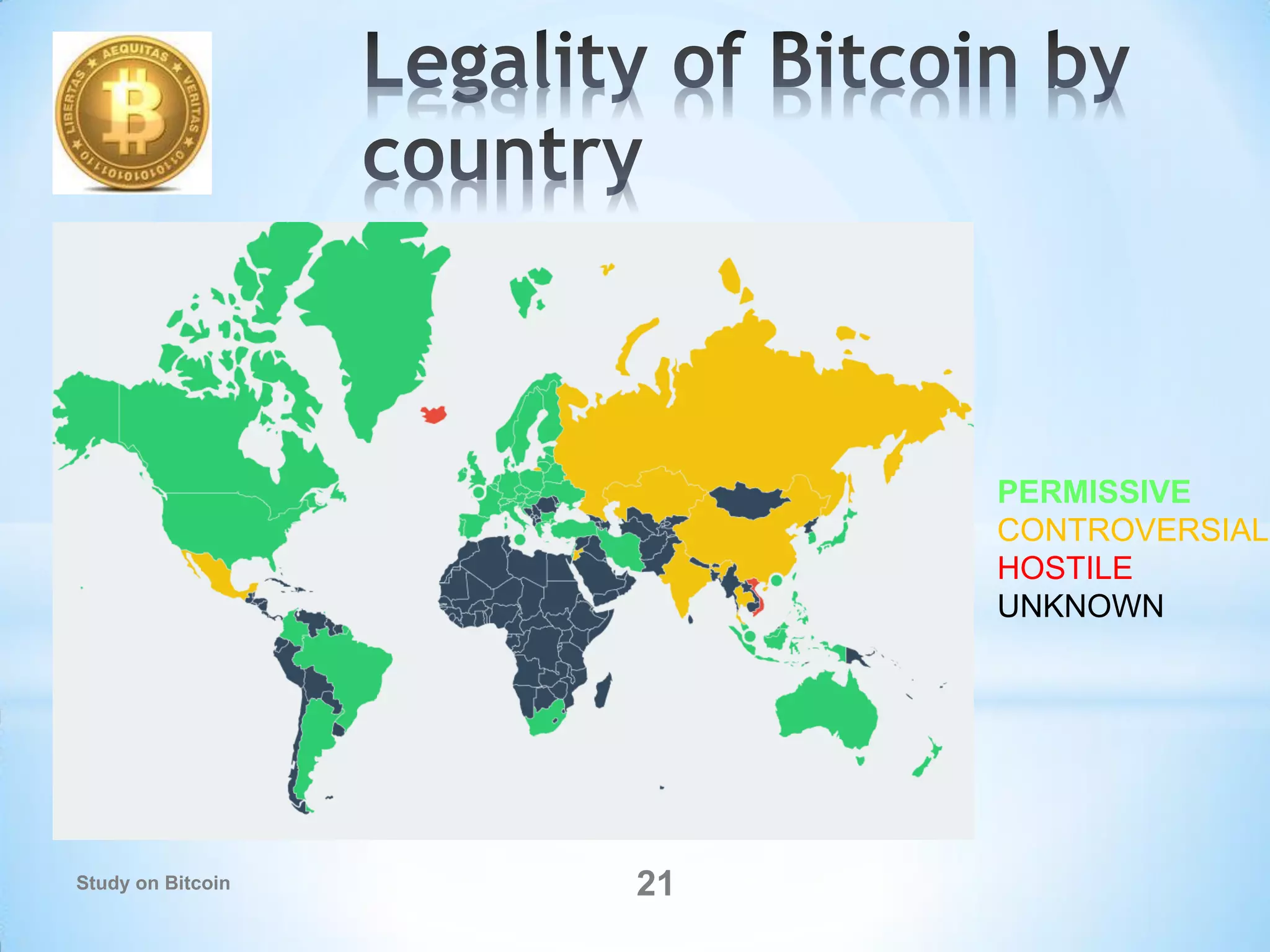 21
PERMISSIVE
CONTROVERSIAL
HOSTILE
UNKNOWN
Study on Bitcoin
 