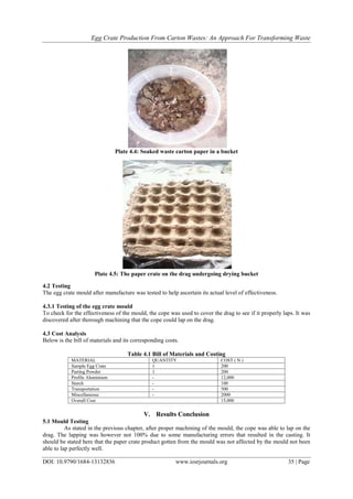 Egg Crate Production From Carton Wastes: An Approach For Transforming Waste
DOI: 10.9790/1684-13132836 www.iosrjournals.org 35 | Page
Plate 4.4: Soaked waste carton paper in a bucket
Plate 4.5: The paper crate on the drag undergoing drying bucket
4.2 Testing
The egg crate mould after manufacture was tested to help ascertain its actual level of effectiveness.
4.3.1 Testing of the egg crate mould
To check for the effectiveness of the mould, the cope was used to cover the drag to see if it properly laps. It was
discovered after thorough machining that the cope could lap on the drag.
4.3 Cost Analysis
Below is the bill of materials and its corresponding costs.
Table 4.1 Bill of Materials and Costing
MATERIAL QUANTITY COST ( N )
Sample Egg Crate 1 200
Parting Powder 1 200
Profile Aluminium - 12,000
Starch - 100
Transportation - 500
Miscellaneous - 2000
Overall Cost 15,000
V. Results Conclusion
5.1 Mould Testing
As stated in the previous chapter, after proper machining of the mould, the cope was able to lap on the
drag. The lapping was however not 100% due to some manufacturing errors that resulted in the casting. It
should be stated here that the paper crate product gotten from the mould was not affected by the mould not been
able to lap perfectly well.
 