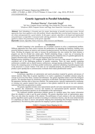IOSR Journal of Computer Engineering (IOSR-JCE)
e-ISSN: 2278-0661, p- ISSN: 2278-8727Volume 13, Issue 4 (Jul. - Aug. 2013), PP 20-29
www.iosrjournals.org
www.iosrjournals.org 20 | Page
Genetic Approach to Parallel Scheduling
Prashant Sharma1
, Gurvinder Singh2
1
(M. Tech, Computer Science and Engg. Guru Nanak Dev University, India)
2
(Professor, HOD, Computer Science and Engg, Guru Nanak Dev University, India)
Abstract: Task Scheduling is Essential part for proper functioning of parallel processing system. Several
approaches have been applied to solve this problem. Genetic algorithms have received much awareness as they
are robust and guarantee for a good solution. In this paper a genetic algorithm is developed and implemented
and performance of algorithm is measured under altering parameters. Adaptive parameter approach has been
applied to enhance the performance of the genetic algorithm.
Keywords: Genetic Algorithm, Fitness Function, DAG, Crossover and Mutation.
I. Introduction
Parallel Computing is the simultaneous use of multiple resources to solve a computational problem.
Different approaches have been used to increase the performance, by upgrading the hardware, building more
powerful hardware requires an intensive and extensive production process, but that has reached certain physical
limits. Dividing the program into tasks to increase the performance has also reached the limits because a
program can only be divided into certain parts. Parallel scheduling brings a smart way of increasing the
performance by having an algorithm which helps in minimizing the completion time of a parallel application by
properly allocation tasks to the processors and sequencing the execution of tasks.
Multiprocessing scheduling is a NP complete problem which has received a large amount of attention and is
considered one of the challenging problems in parallel computing. There are many parallel computing
architectures available such as shared memory architectures, message passing architectures etc. To effectively
harness the computing power of all these parallel architectures, optimized scheduling of parallel program tasks
to the processors is crucial. Indeed, if the tasks are not scheduled properly, the parallel program is likely to
produce a poor speedup due to communication overheads which makes parallelization useless.
1.1 Genetic Algorithms
Evolutionary algorithms are optimization and search procedures inspired by genetics and process of
natural selection. Basic Idea of genetic algorithms is to evolve a population of candidate solutions using the
concept of survival of the fittest, variation and inheritance. The genetic algorithms behave much like biological
genetics. The algorithm begins by initializing a population of individuals. Individual solutions are selected from
the population, and then mate to form new solutions. The mating process, typically implemented by combining,
or crossing over, genetic material from two parents to form genetic material for one or two new solutions,
represents data from one generation to another.
The genetic algorithm includes some representation-specific and some representation-neutral operators.
The operators like initialization, crossover and mutation are representation-specific operators. Selection,
replacement and termination operators are all independent of the representation.
The traditional schedule optimization methods operate in a problem space; they require information
about the schedule in order to get the good schedules. The genetic algorithms work on representation space.
They care only about the structure of the solution. The performance of each solution is the only information
genetic algorithms need to guide its search[1].According to evolutionary theories, only the most suited elements
in a population are likely to survive and generate offspring thus transmitting their biological heredity to new
generations[3]. The following table represents the mapping to genetic algorithms to the nature.
TABLE 1: Computer Nature Mapping for GA
Nature Computer
Individual Solution to a problem
Population Set of solutions
Fitness Quality of solution
Chromosome Representation of a solution
Gene Part of representation of a solution; decoding of solutions.
 