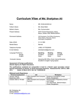 Curriculum Vitae of Md. Shahjahan Ali
Name: : MD. SHAHJAHAN ALI
Father’s Name : Md. Abdul Matin
Mother’s Name : Mrs. Sumsunnahar
Present Address : 678/1-E East Shawrapara, Kafrul,
Mirpur, Dhaka-1206, BANGLADESH.
Permanent Address : Vill-Chaukawna, Post Office-Chaukawna,
Police Station: Pakundia, District:
Kishoregonj, Bangladesh
Date of Birth : 31-12-1969
Marital Status : Married
Telephone Number : (+880) -01770528459
E-mail Address : ashahjahanali@yahoo.com
Language Proficiency : Speaking Reading Writing
Bangla Excellent Excellent Excellent
English Good Good Good
Computer Literacy : Operating MS Office, Excel, Internet Browsing
Excellent in English Typing Speed.
Assessment of foreign qualifications
(Danish Agency for Higher Education):
The qualifications combined are comparable in level to a Danish upper secondary school
leaving examination (in Danish: en dansk gymnasial eksamen). Assessment No. CVR no. 3404
2012 Dated: 23 March 2015 Ref. No. 15/006368-06
Relevant work Experience :
Period of employment Job Workplace
January 1993 to
September 2005
Office Assistant and Computer
Operator
Dexterous Consultants Limited
Dhaka, Bangladesh.
October 2005 to Till date Office Assistant and Computer
Operator
Mohammadpur Preparatory School
and College
15/1 Iqbal Road, Mohammadpur,
Dhaka, Bangladesh.
Md. Shahjahan Ali
BANGLADESH
E-mail: ashahjahanali@yahoo.com
 