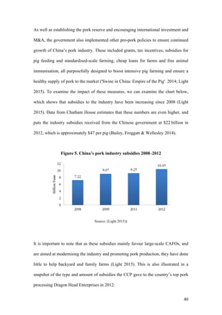 40
As well as establishing the pork reserve and encouraging international investment and
M&A, the government also implemented other pro-pork policies to ensure continued
growth of China’s pork industry. These included grants, tax incentives, subsidies for
pig feeding and standardised-scale farming, cheap loans for farms and free animal
immunisation, all purposefully designed to boost intensive pig farming and ensure a
healthy supply of pork to the market ('Swine in China: Empire of the Pig' 2014; Light
2015). To examine the impact of these measures, we can examine the chart below,
which shows that subsidies to the industry have been increasing since 2008 (Light
2015). Data from Chatham House estimates that these numbers are even higher, and
puts the industry subsidies received from the Chinese government at $22 billion in
2012, which is approximately $47 per pig (Bailey, Froggatt & Wellesley 2014).
Figure 5. China’s pork industry subsidies 2008–2012
Source: (Light 2015))
It is important to note that as these subsidies mainly favour large-scale CAFOs, and
are aimed at modernising the industry and promoting pork production, they have done
little to help backyard and family farms (Light 2015). This is also illustrated in a
snapshot of the type and amount of subsidies the CCP gave to the country’s top pork
processing Dragon Head Enterprises in 2012:
 