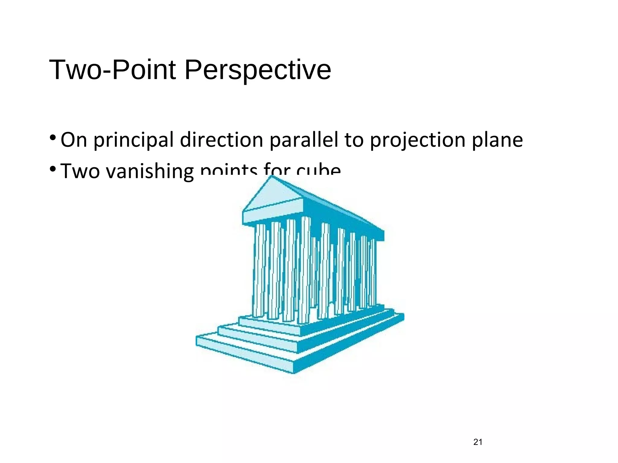 Two-Point Perspective
•On principal direction parallel to projection plane
•Two vanishing points for cube
21
 