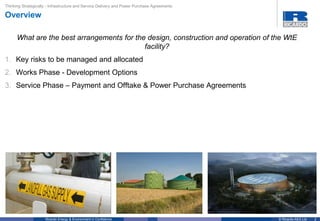 2© Ricardo-AEA LtdRicardo Energy & Environment in Confidence
Thinking Strategically - Infrastructure and Service Delivery and Power Purchase Agreements
Overview
What are the best arrangements for the design, construction and operation of the WtE
facility?
1. Key risks to be managed and allocated
2. Works Phase - Development Options
3. Service Phase – Payment and Offtake & Power Purchase Agreements
 